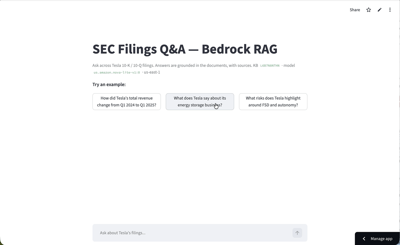 The finished thing: a small Streamlit front end over the Knowledge Base. Ask a question across the Tesla 10-K and 10-Q filings and it answers, grounded in the documents with sources.